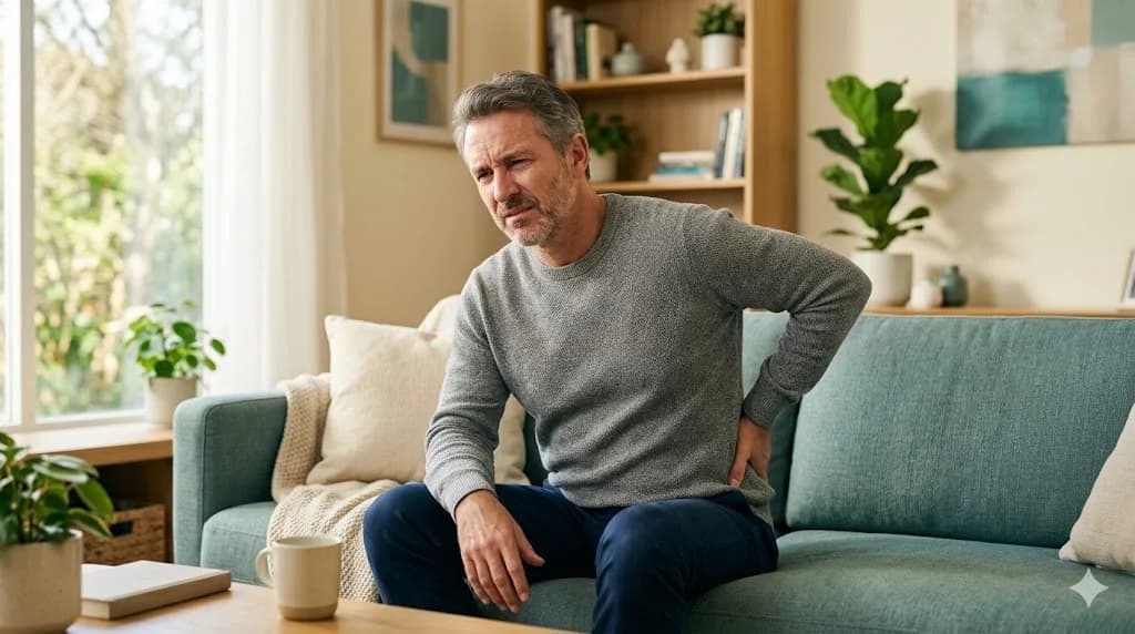 Adult holding lower back in pain — back pain treatment at Back and Body in Shelby Township, MI