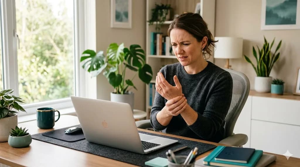 Adult at laptop massaging sore wrist — carpal tunnel treatment at Back and Body in Shelby Township, MI