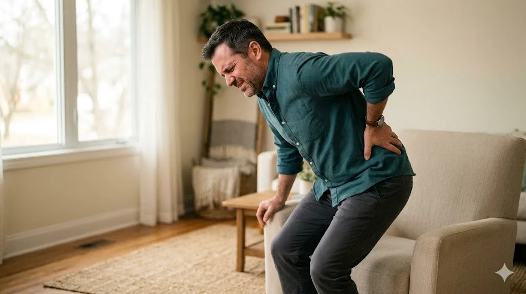 Adult bending slightly holding mid-back — disc injury treatment at Back and Body in Shelby Township, MI