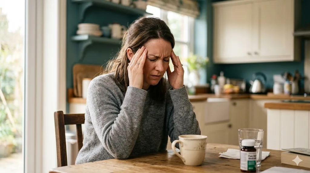 Adult pressing temples with eyes closed — headache and migraine care at Back and Body in Shelby Township, MI