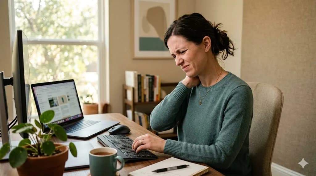 Adult woman touching her neck with discomfort — neck pain treatment at Back and Body in Shelby Township, MI