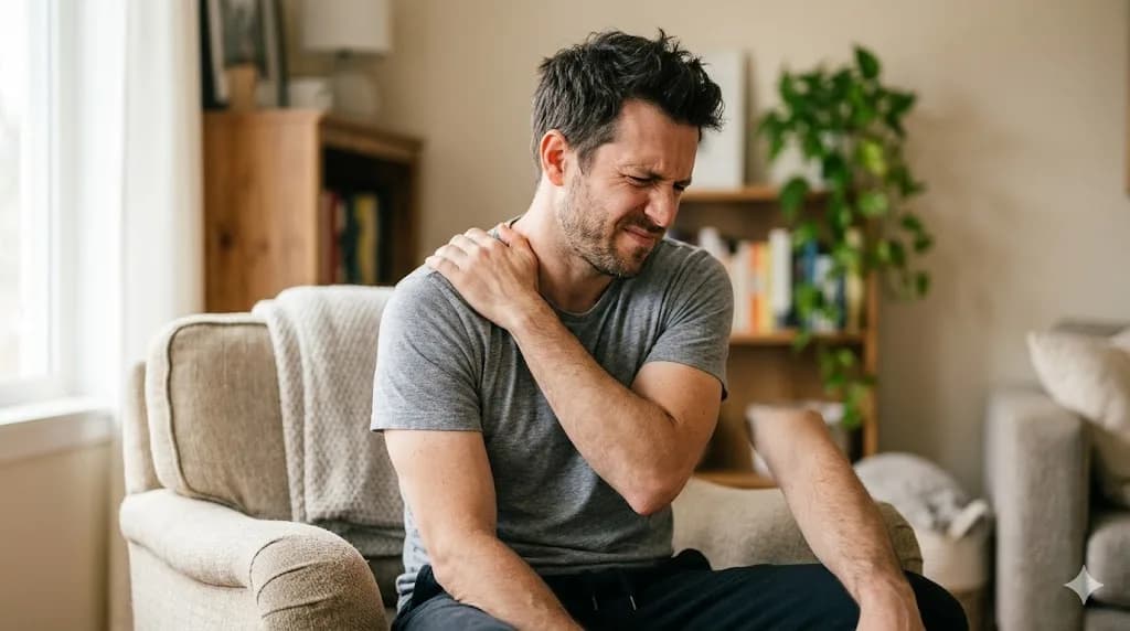 Adult man rubbing his shoulder with pain — shoulder pain treatment at Back and Body in Shelby Township, MI