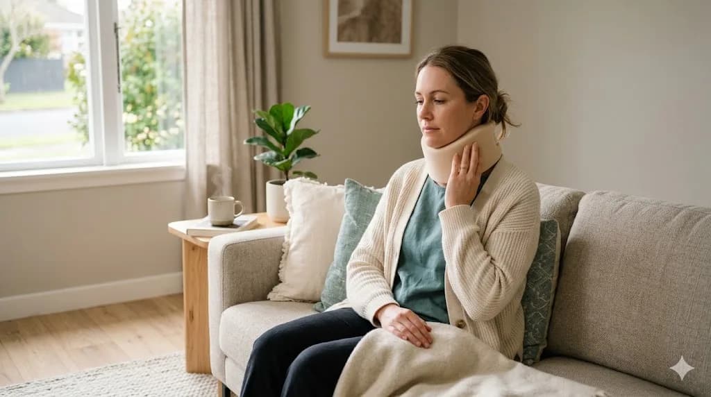 Adult with neck brace recovering — whiplash treatment at Back and Body in Shelby Township, MI