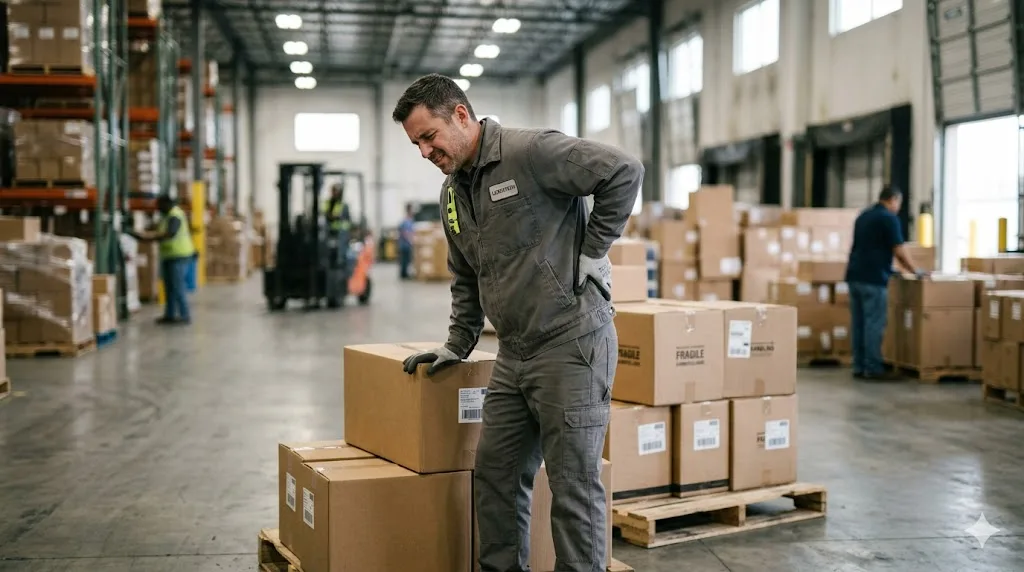 Worker holding lower back after lifting — work injury treatment at Back and Body in Shelby Township, MI