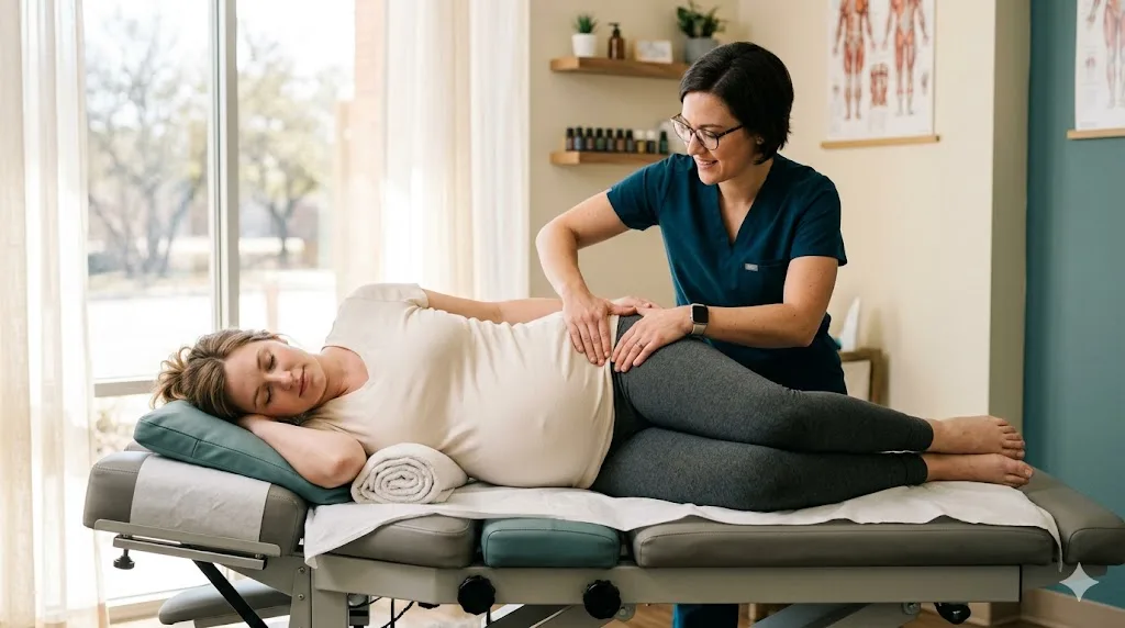Pregnant woman receiving Webster technique care — prenatal chiropractic at Back and Body in Shelby Township, MI